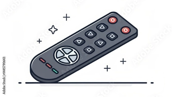 Fototapeta Sleek illustration of black smart TV remote with buttons and directional pad, isolated on white background with minimal decorative elements