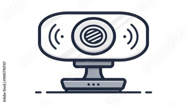 Fototapeta Illustration of black line webcam with modern design, featuring circular lens in center and sturdy base, isolated on white background