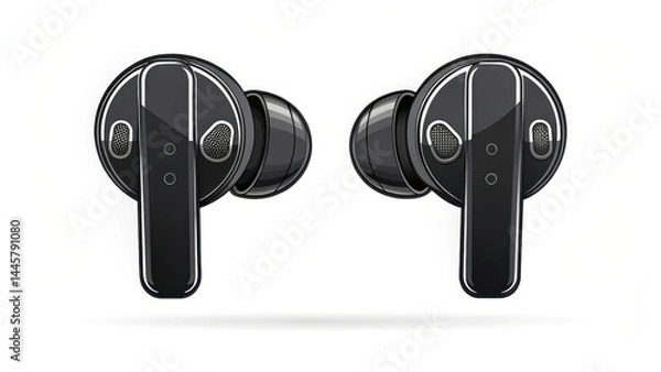 Fototapeta Black wireless earbuds with sleek and modern design, featuring glossy finish and ergonomic shape, isolated on white background. Perfect for music, calls, and portability