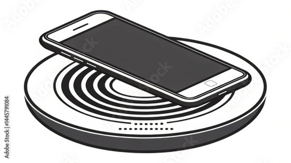 Fototapeta Wireless charging pad with smartphone placed on top, showcasing sleek and modern design. black and white illustration highlights simplicity and functionality of wireless charging technology
