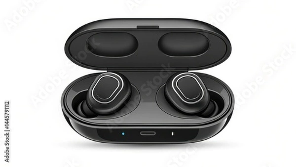 Fototapeta Black wireless earbuds in sleek charging case, featuring compact design with LED indicators for battery status. earbuds are ergonomically designed for comfort and portability