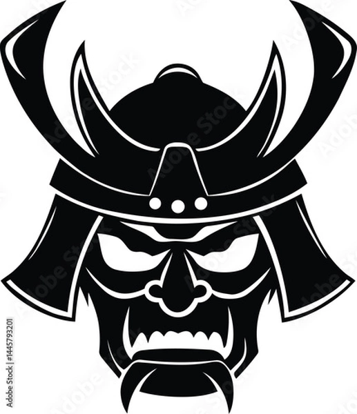 Fototapeta Stylish fierce samurai helmet or mask silhouette vector illustration, fierce samurai helmet or mask isolated line art vector icon design