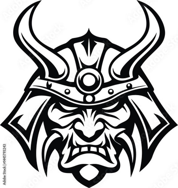 Fototapeta Stylish fierce samurai helmet or mask silhouette vector illustration, fierce samurai helmet or mask isolated line art vector icon design