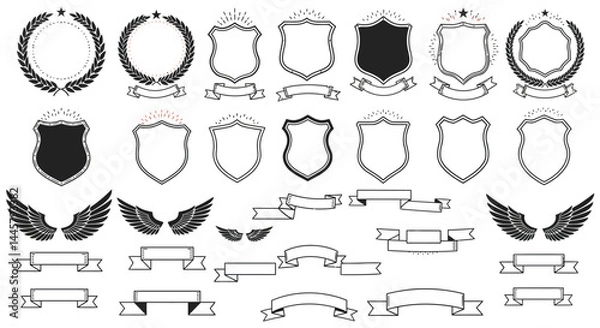Fototapeta Vector heraldic elements collection vintage shields laurel wreaths wings and banners for logo design set
