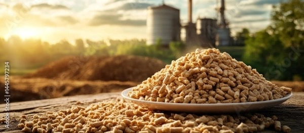 Fototapeta Closeup of a large pile of freshly harvested organic soybeans on a wooden plate or surface with an industrial factory or silos in the blurred background at sunset  Concept of agriculture