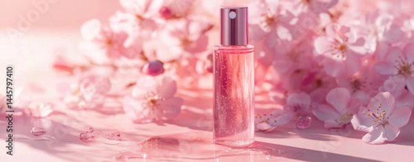 Obraz Beautiful pink perfume bottle surrounded by delicate cherry blossom flowers, evoking sense of freshness and elegance