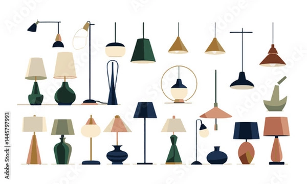 Fototapeta A flat modern vector illustration of a collection of various stylish lamps, easily editable.