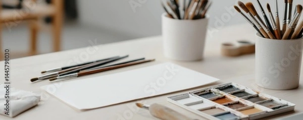 Obraz A clean workspace with paintbrushes, watercolor paints, and blank paper ready for an art project.