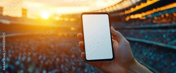 Obraz Hand holding smartphone with blank screen in stadium during sunset, capturing vibrant atmosphere