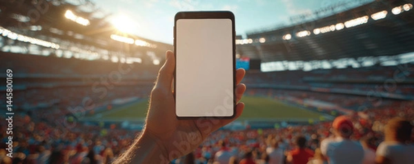 Obraz Hand holding smartphone in stadium during sports event, with vibrant crowd and bright sunlight in background