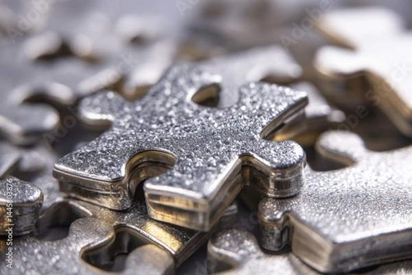Fototapeta Close-up of metallic puzzle pieces, showcasing intricate texture and silver color.