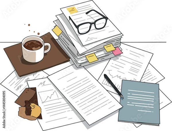 Fototapeta Stack of Papers, Coffee Cup, and Glasses on Desk