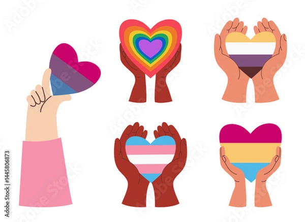 Fototapeta Pride Month. LGBTQ Rainbow Pride Hearts in Hands. Diversity, Love Concept. LGBT community transgender, pansexual, bisexual, and nonbinary identities. Isolated Vector illustration on white background