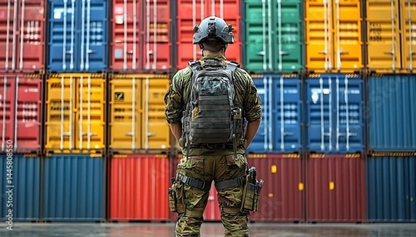 Obraz Security guard stands before colorful cargo containers