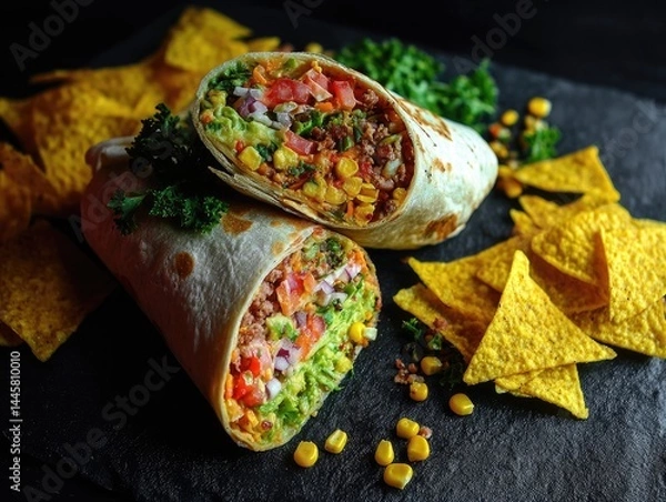 Fototapeta Close-up shot of a cut burrito revealing colorful fillings surrounded by tortilla chips on a black surface.