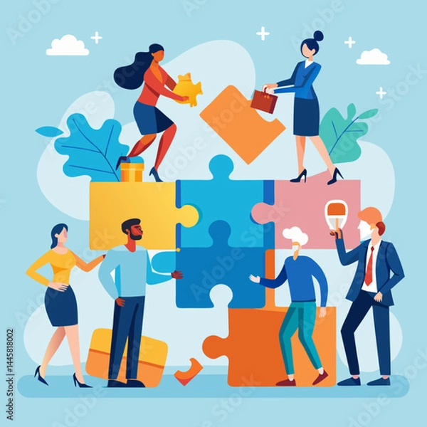 Fototapeta Business Teamwork Concept. Vector illustration in flat style of a group of diverse people in business suits putting together pieces of a puzzle. Isolated on background