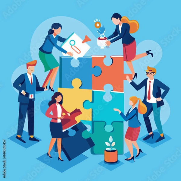 Fototapeta Business Teamwork Concept. Vector illustration in flat style of a group of diverse people in business suits putting together pieces of a puzzle. Isolated on background