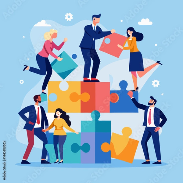 Fototapeta Business Teamwork Concept. Vector illustration in flat style of a group of diverse people in business suits putting together pieces of a puzzle. Isolated on background