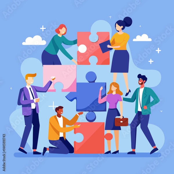Fototapeta Business Teamwork Concept. Vector illustration in flat style of a group of diverse people in business suits putting together pieces of a puzzle. Isolated on background