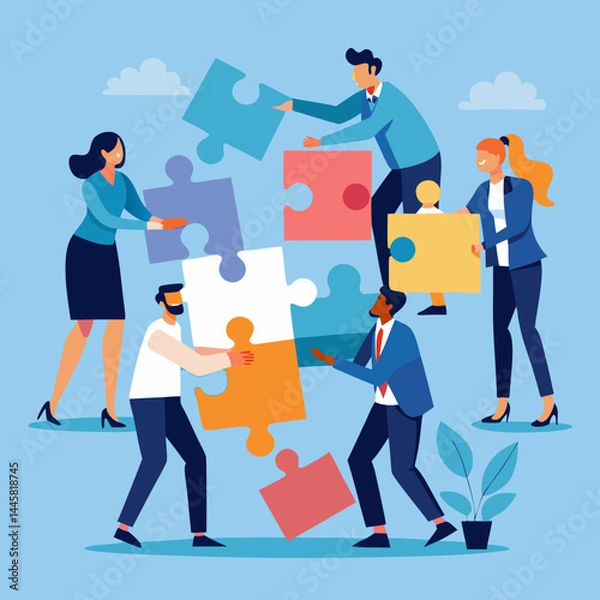Fototapeta Business Teamwork Concept. Vector illustration in flat style of a group of diverse people in business suits putting together pieces of a puzzle. Isolated on background