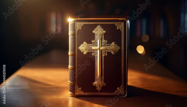 Fototapeta The holy bible and cross in a church and sunlight rays in the background