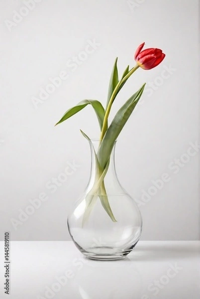 Fototapeta A vibrant red flower arranged in a clear glass vase, showcasing its delicate petals and green stem