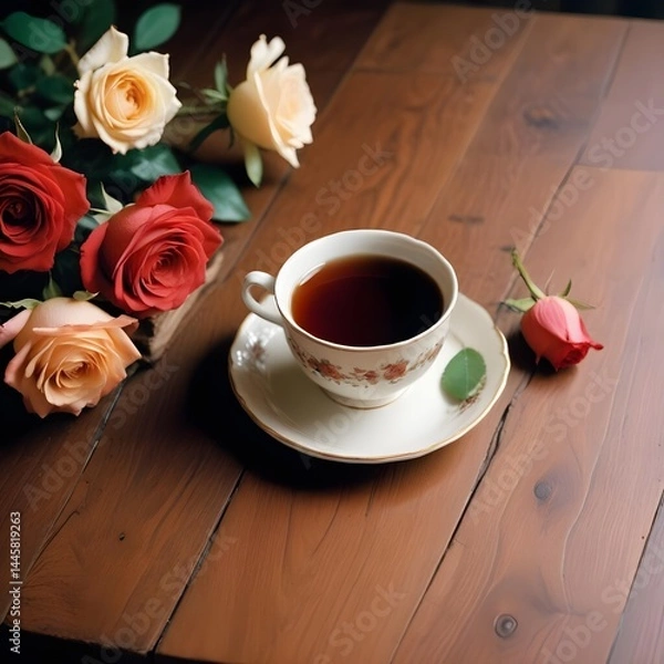 Fototapeta A cup of tea beside a bouquet of roses on a rustic wooden table, creating a serene and inviting atmosphere