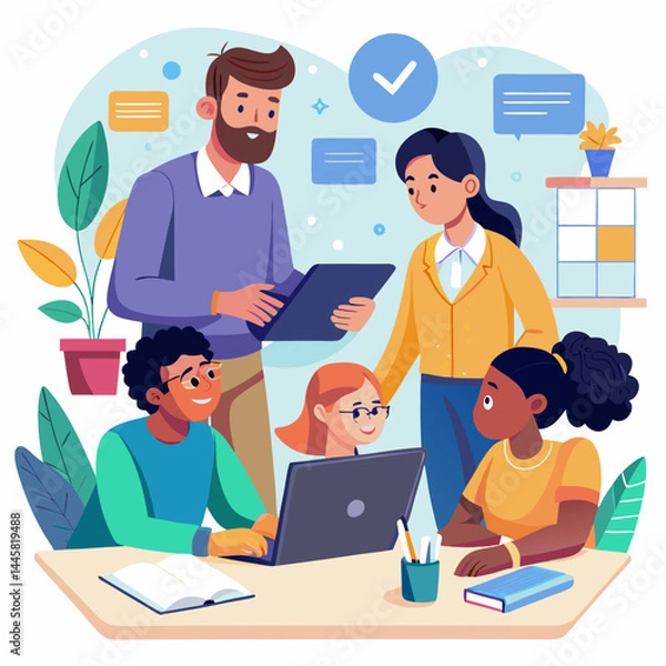Fototapeta Business Teamwork Concept. Vector illustration in flat style of a group of diverse people in business suits putting together pieces of a puzzle. Isolated on background