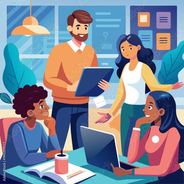 Fototapeta Business Teamwork Concept. Vector illustration in flat style of a group of diverse people in business suits putting together pieces of a puzzle. Isolated on background