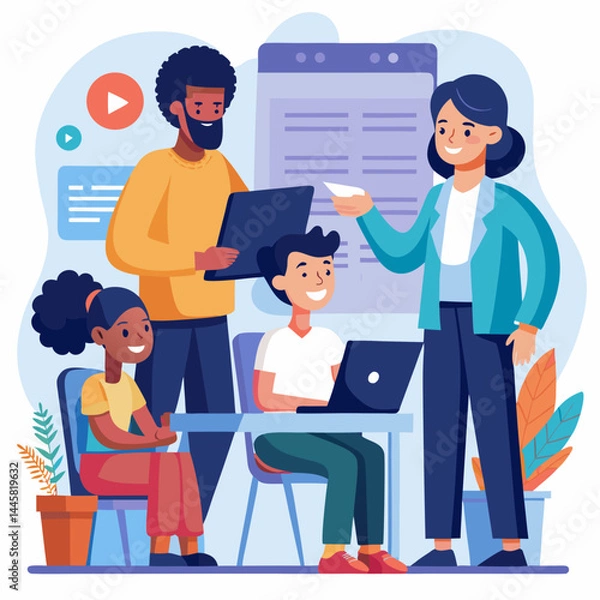 Fototapeta Business Teamwork Concept. Vector illustration in flat style of a group of diverse people in business suits putting together pieces of a puzzle. Isolated on background