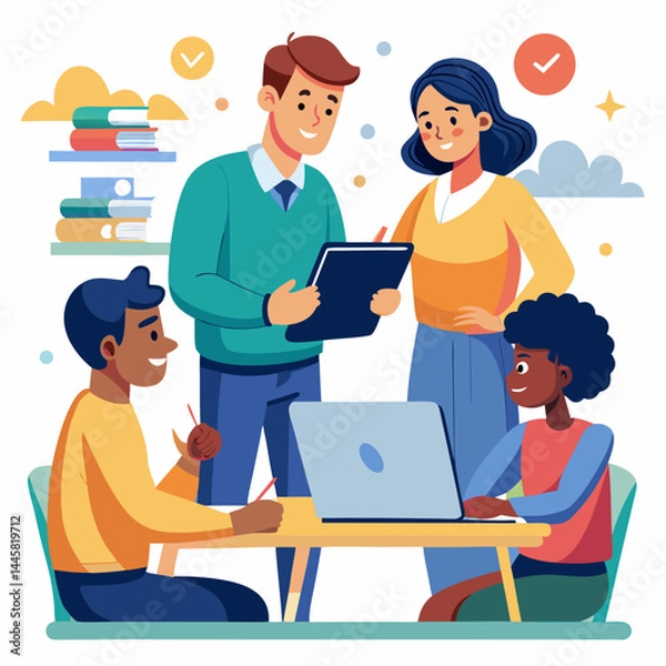 Fototapeta Business Teamwork Concept. Vector illustration in flat style of a group of diverse people in business suits putting together pieces of a puzzle. Isolated on background