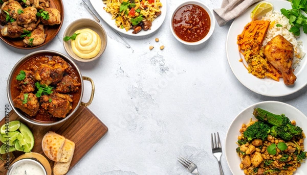 Fototapeta Background table with delicious food, fruits and vegetables for breaking the fast during ramadan