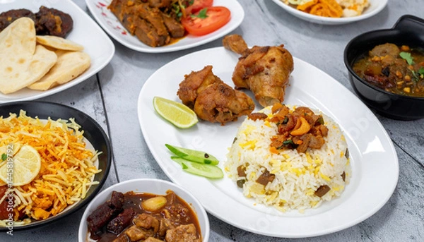 Fototapeta Background table with delicious food, fruits and vegetables for breaking the fast during ramadan
