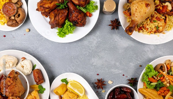 Fototapeta Background table with delicious food, fruits and vegetables for breaking the fast during ramadan