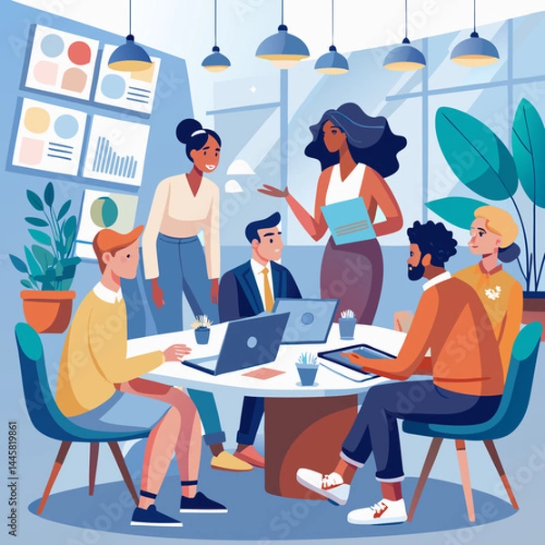 Fototapeta Business Teamwork Concept. Vector illustration in flat style of a group of diverse people in business suits putting together pieces of a puzzle. Isolated on background