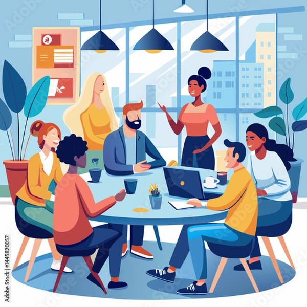 Fototapeta Business Teamwork Concept. Vector illustration in flat style of a group of diverse people in business suits putting together pieces of a puzzle. Isolated on background