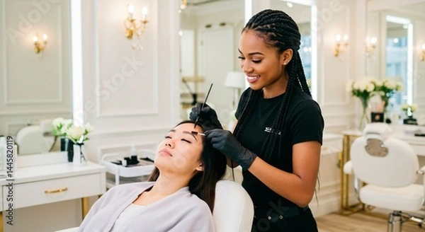 Obraz Esthetician applying eyebrow tint to client in a bright and modern beauty salon with white furniture