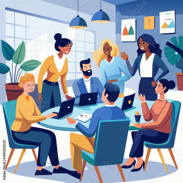 Fototapeta Business Teamwork Concept. Vector illustration in flat style of a group of diverse people in business suits putting together pieces of a puzzle. Isolated on background