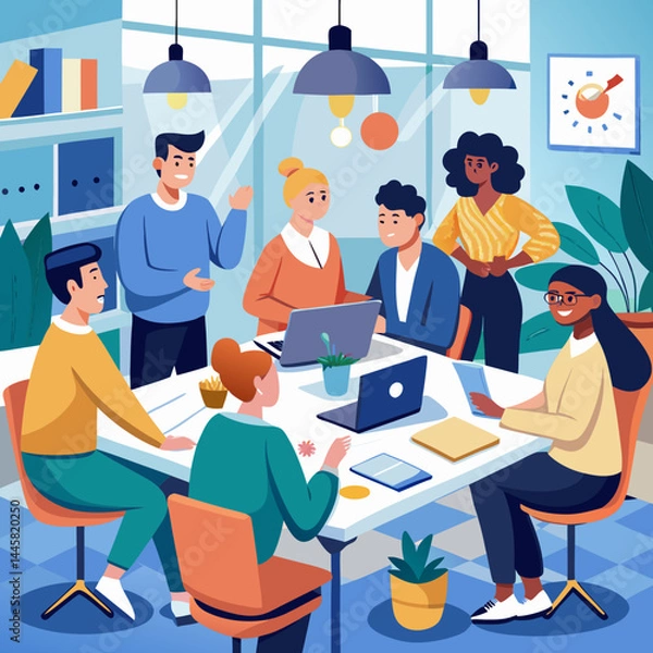 Fototapeta Business Teamwork Concept. Vector illustration in flat style of a group of diverse people in business suits putting together pieces of a puzzle. Isolated on background