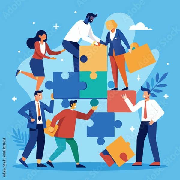 Fototapeta Business Teamwork Concept. Vector illustration in flat style of a group of diverse people in business suits putting together pieces of a puzzle. Isolated on background