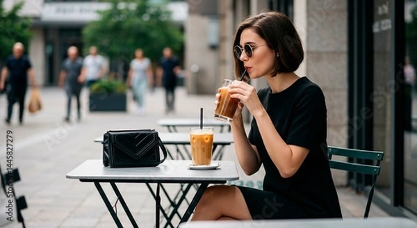 Obraz Woman drinks iced coffee at an outdoor cafe with a black purse on the table on a summer day