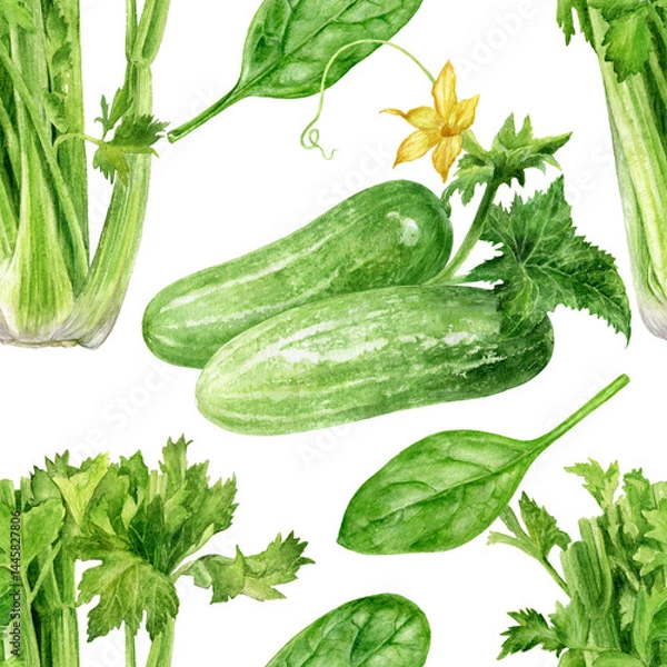Fototapeta Watercolor Seamless Pattern of Cucumbers, Celery and Spinach, Fresh Green Vegetables Background