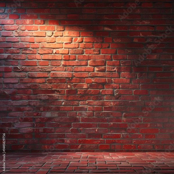 Fototapeta Red brick wall with dramatic lighting and brick floor. Rustic, textured surface ideal for background, vintage themes, or industrial interior scenes.