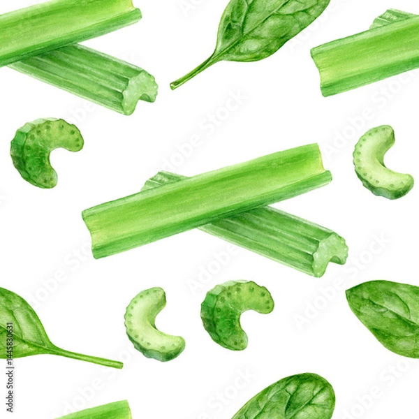 Fototapeta Watercolor Seamless Pattern of Celery and Spinach Leaves, Fresh Green Vegetables Collection