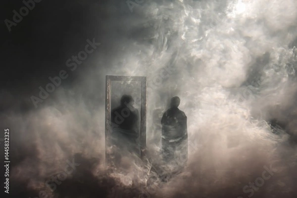 Fototapeta A surreal scene shows two figures emerging from the mist, one in front of a mirror.