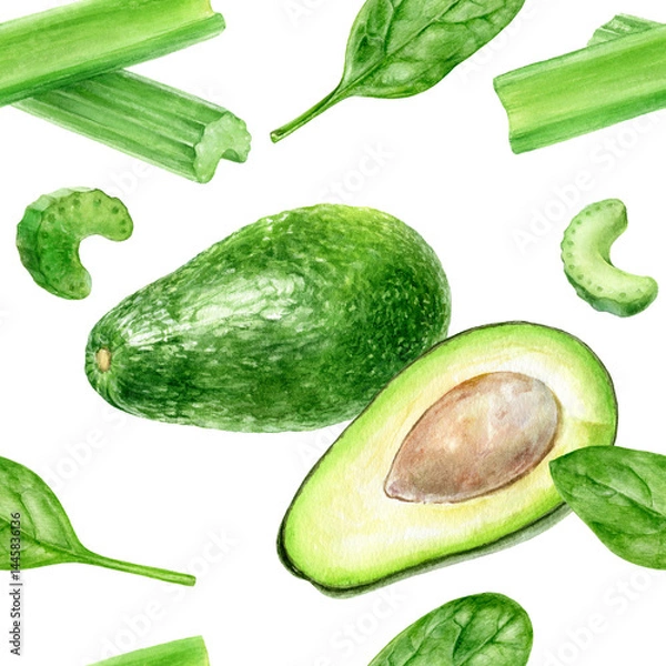 Fototapeta Watercolor Seamless Pattern of Avocado, Spinach and Celery, Fresh Green Vegetables Collection