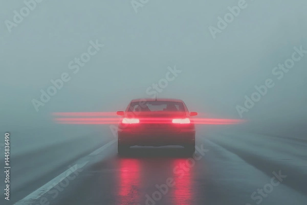 Obraz Car driving through heavy fog, headlights piercing the gloom. Atmospheric scene conveying danger, mystery, and limited visibility on a wet road.