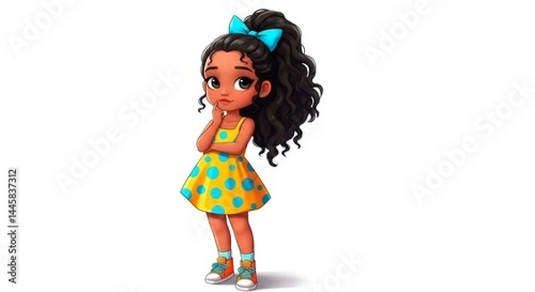 Obraz Cartoon girl with curly hair and a blue bow stands in a yellow dress with blue polka dots on a white background