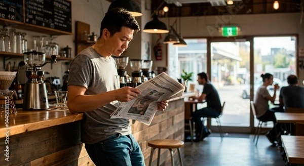 Obraz Man reading newspaper at coffee shop counter with patrons in background and coffee making equipment