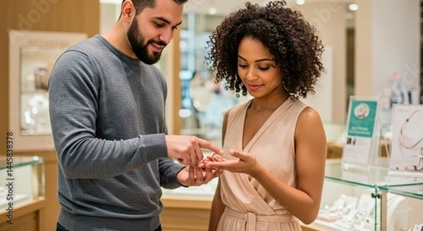 Obraz Couple looking at rings in a jewelry store with the man pointing at the ring she is holding out
